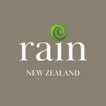 rain logo with olive green koru and #8a8070 taupe